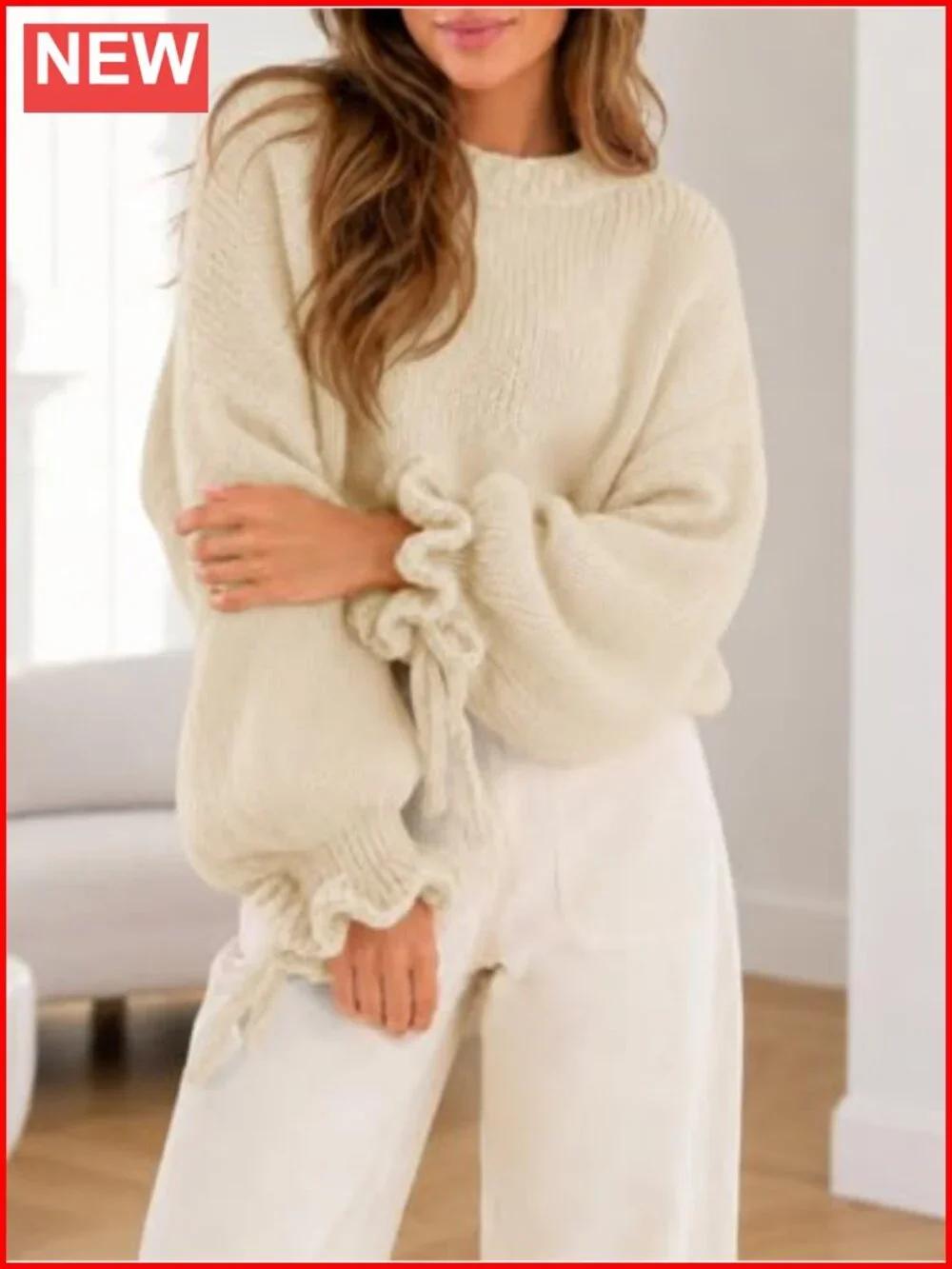 Oversized Chunky Knit Ruffle Sleeve Crew Neck Pullover Sweater